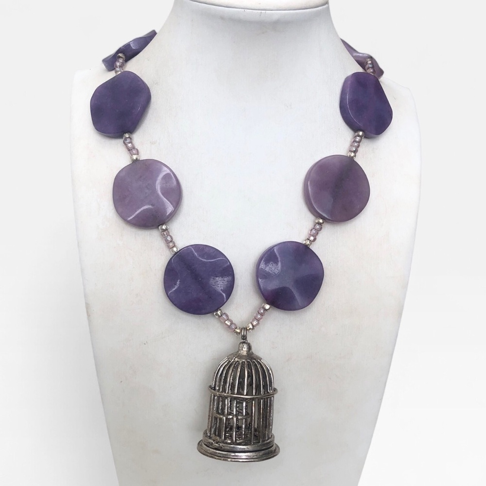 Handmade Purple Disc Art Glass Birdcage Necklace 32 Inches (!)